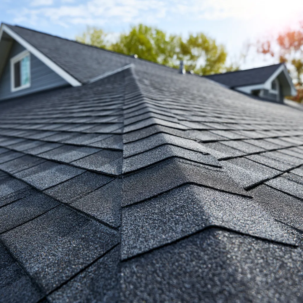 Ridge line of charcoal shingles with house gables and trees beyond