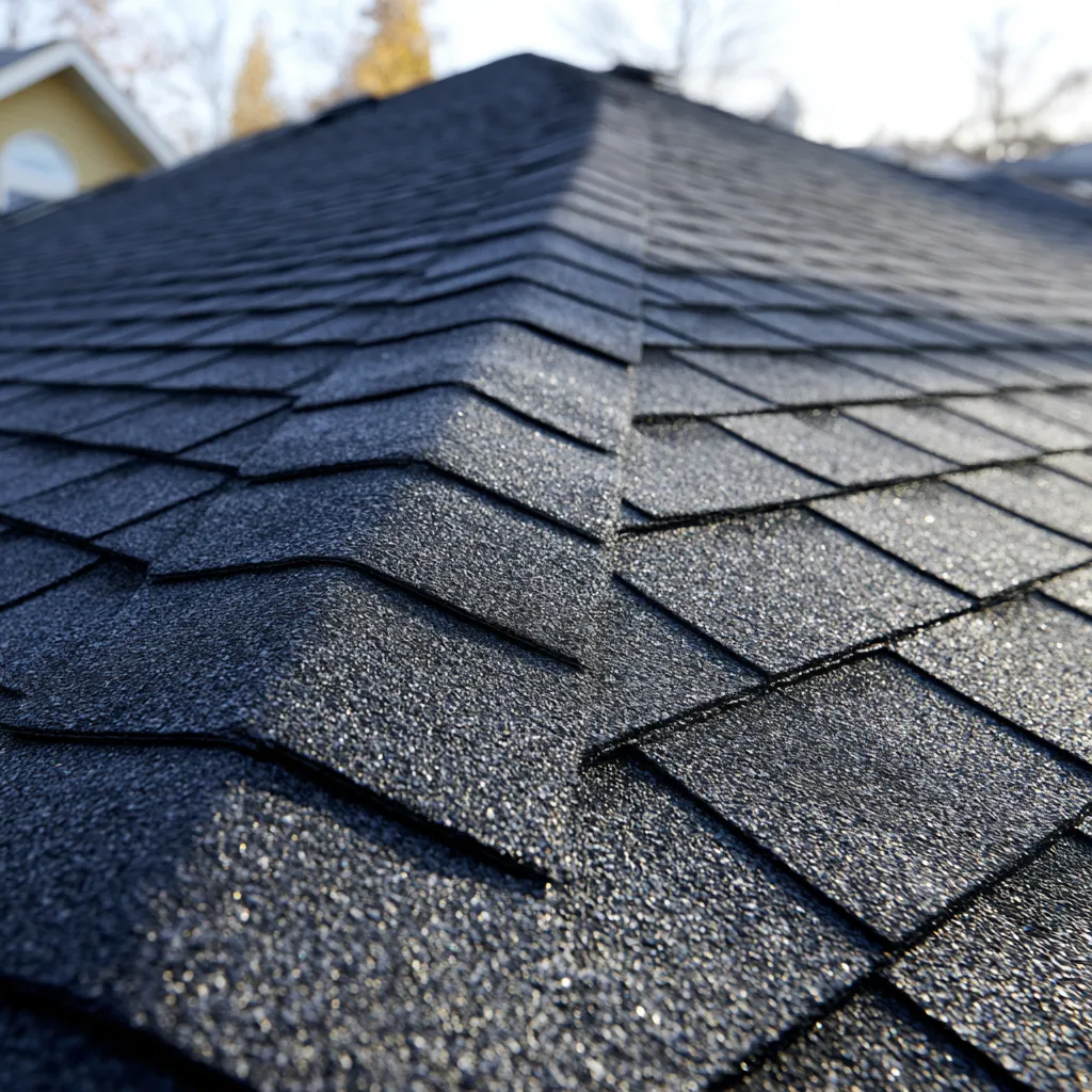 Black shingle hip ridge sparkling in winter light near a yellow house