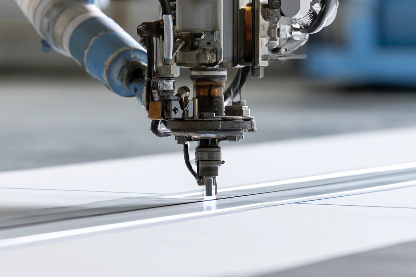 An automated seaming machine welds white membrane seams up close