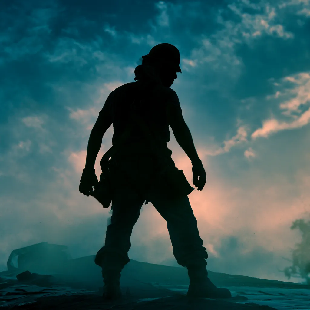 A roofer standing on a rooftop under dramatic evening clouds