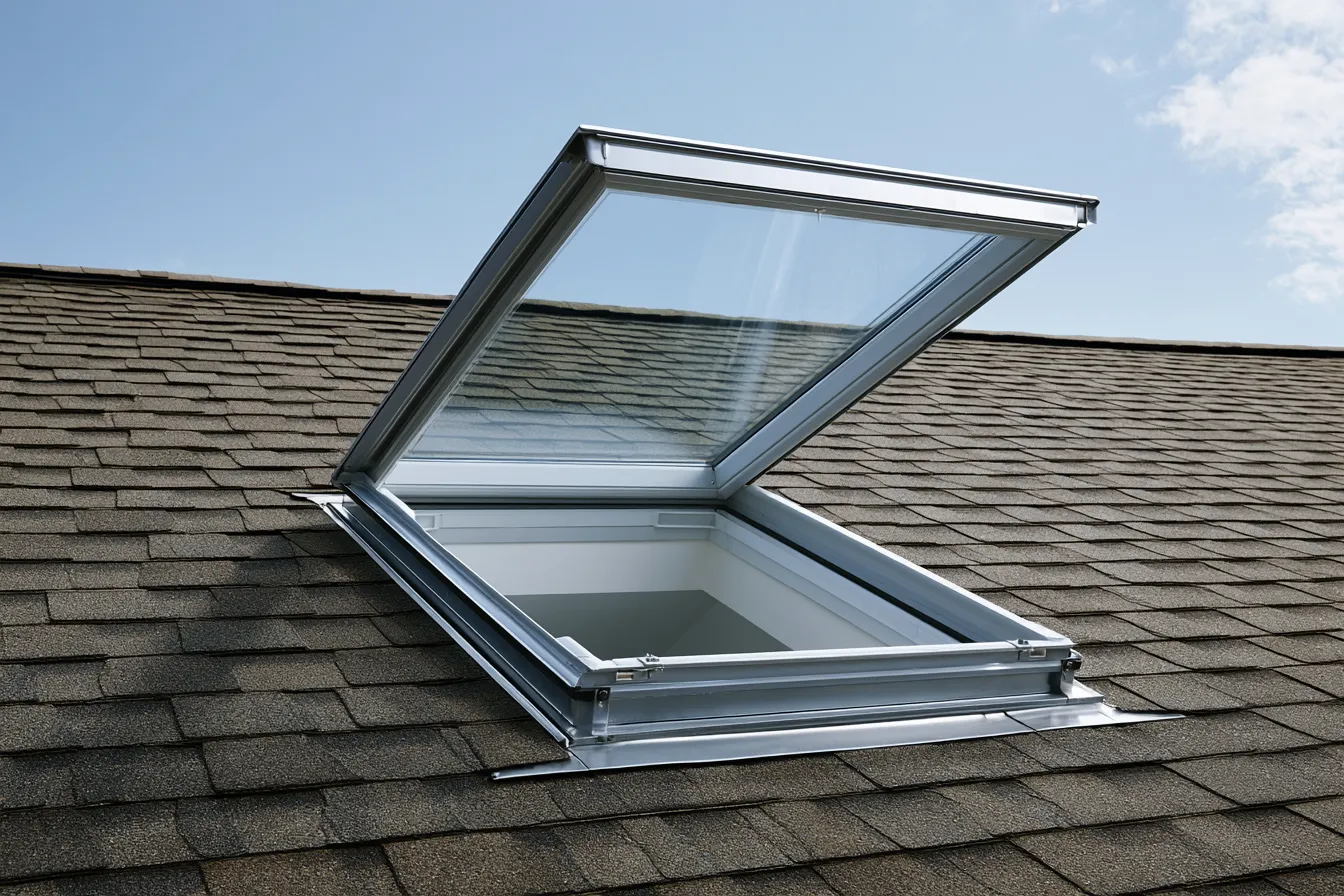 A shingle roof skylight sits open with its aluminum frame raised
